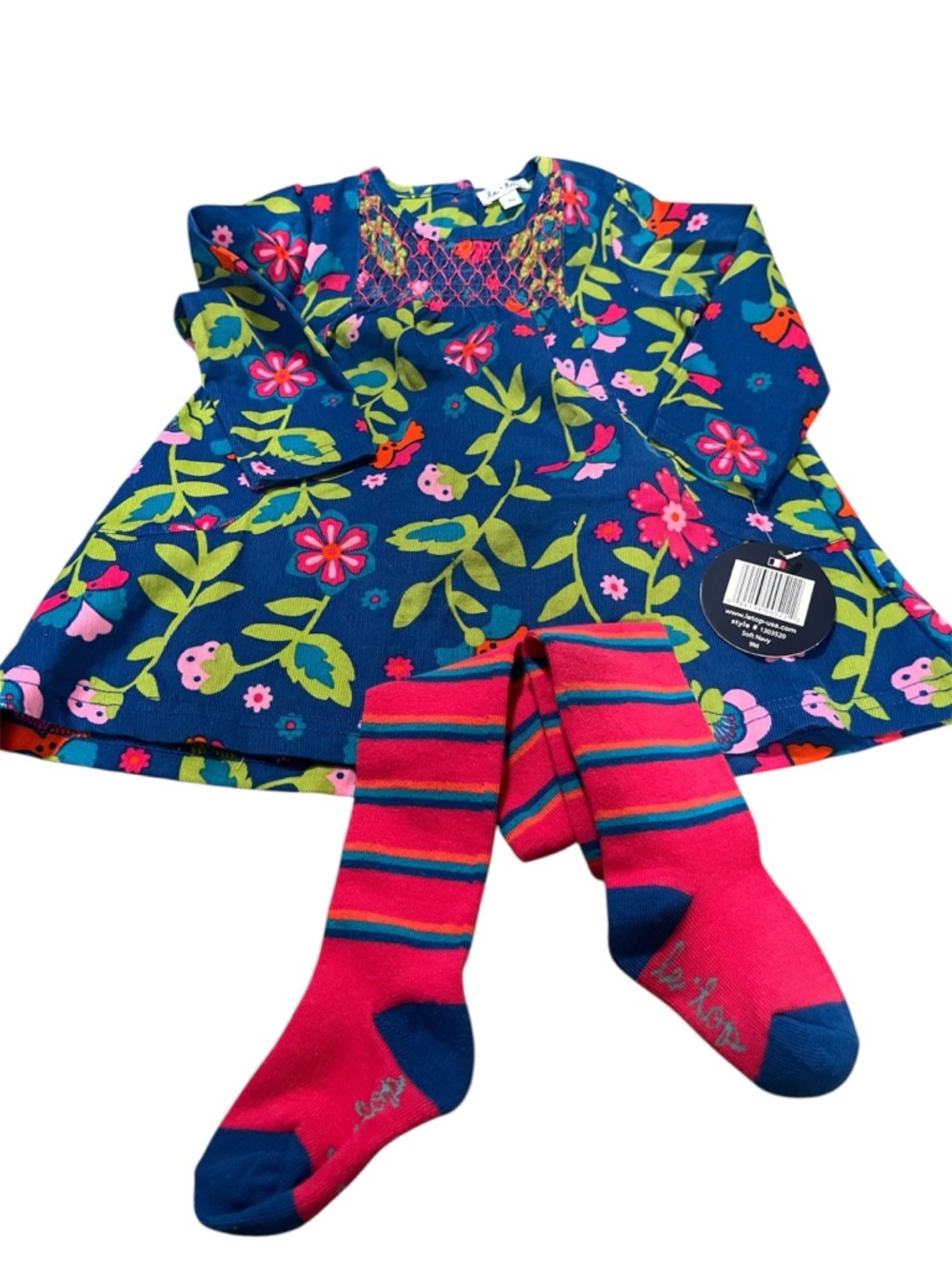 Le Top size 9 months Girls Floral Knit Dress with Striped Tights Navy & Hot Pink
